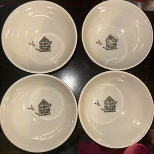 Thomson Pottery Birdhouse Hearts Cereal Soup Bowls Set of 4 Cream Stoneware